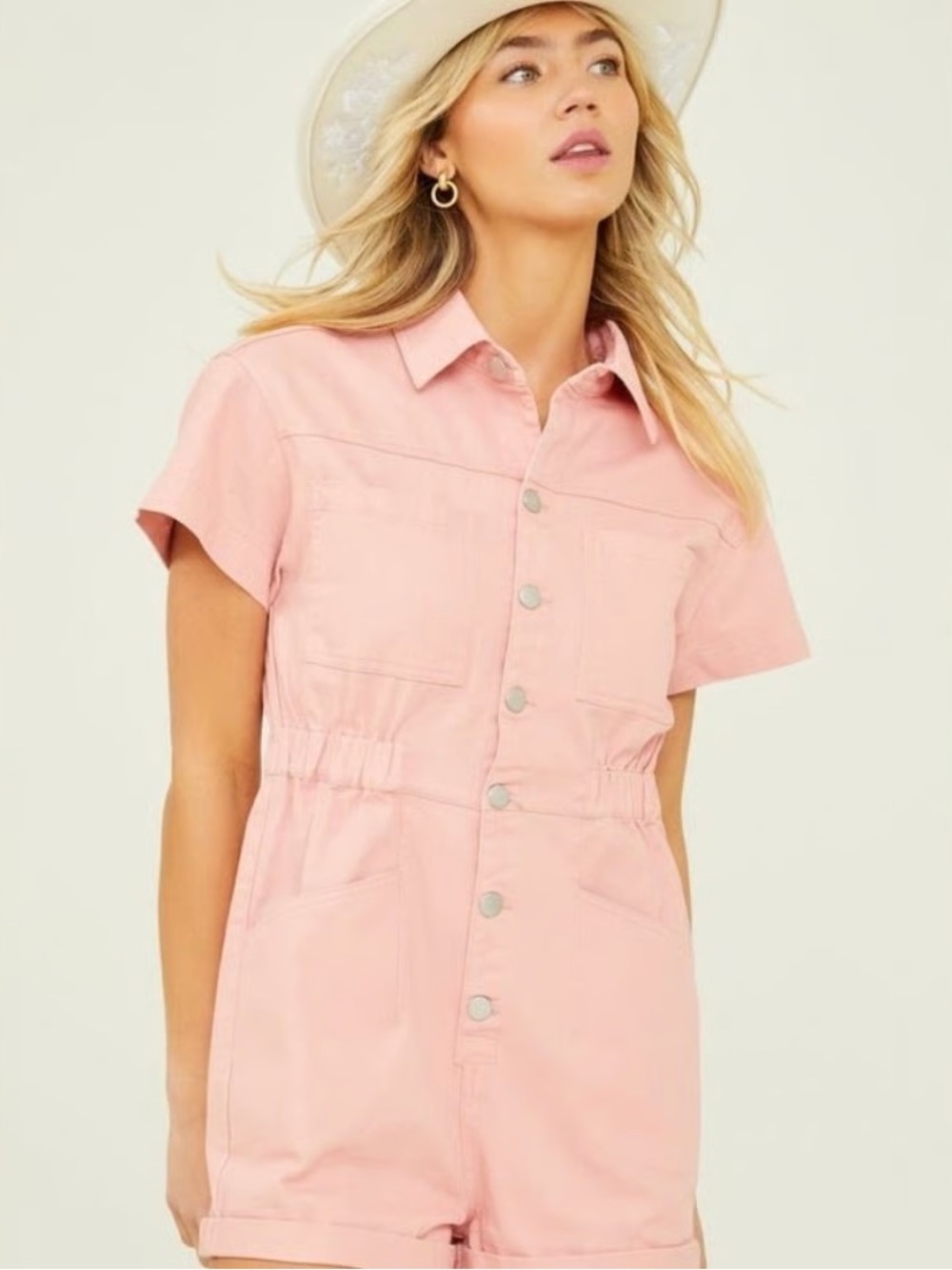 Altar’d State Pink Short-Sleeve Button Front Denim Romper